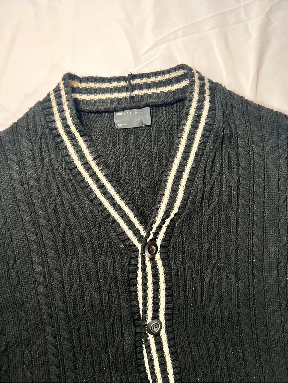 Men's Black Cable-Knit Sweater Vest with Contrast Trim